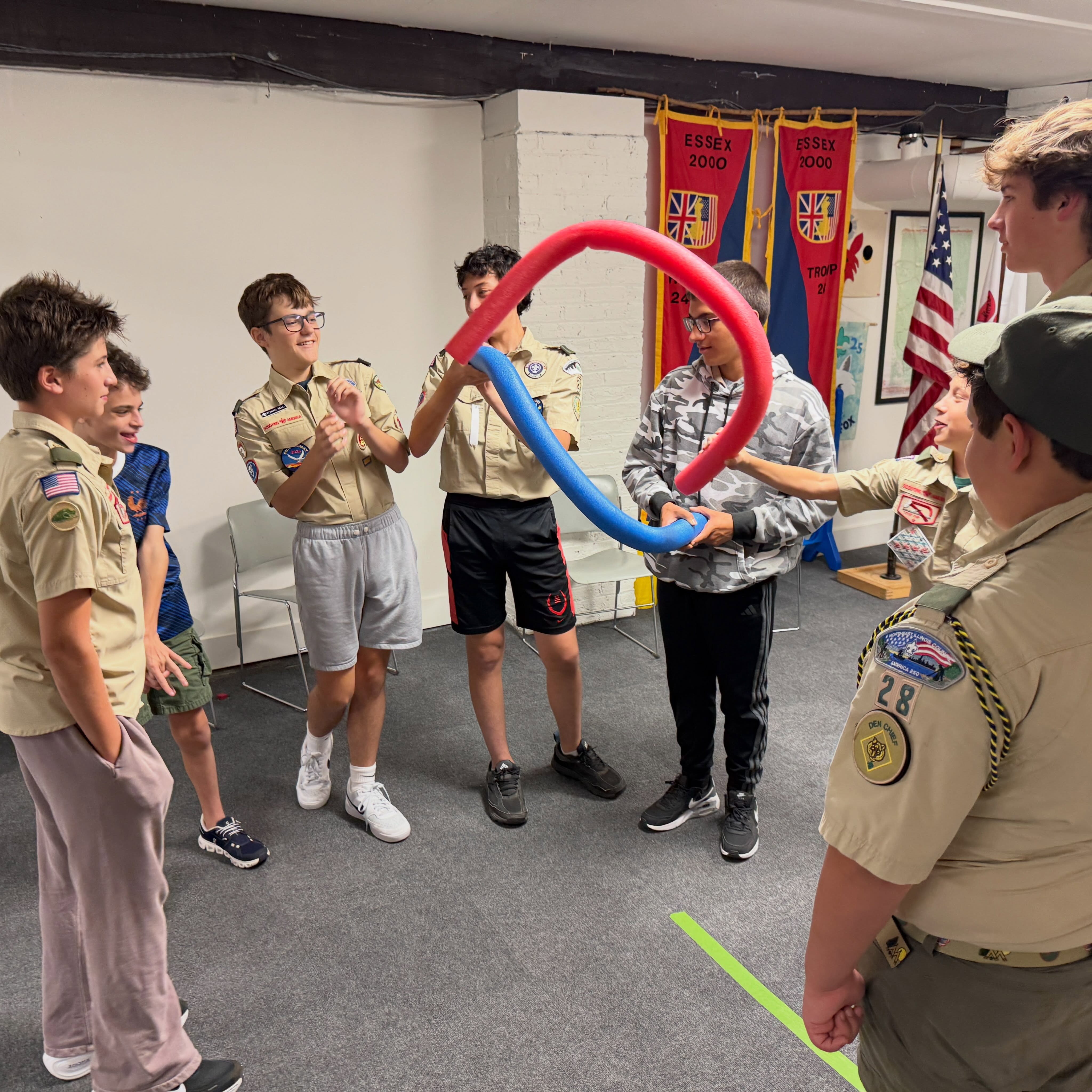 Our first Troop meeting: a game of broken pool noodle, a summer Eagle Scout, and group skill sessions